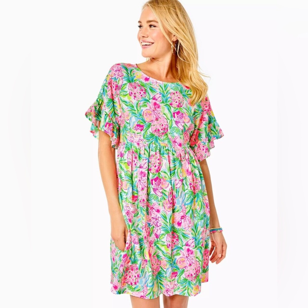 Lilly Pulitzer Dress Womens L Pink Floral Tiltson Swing Resort Vacation Pockets